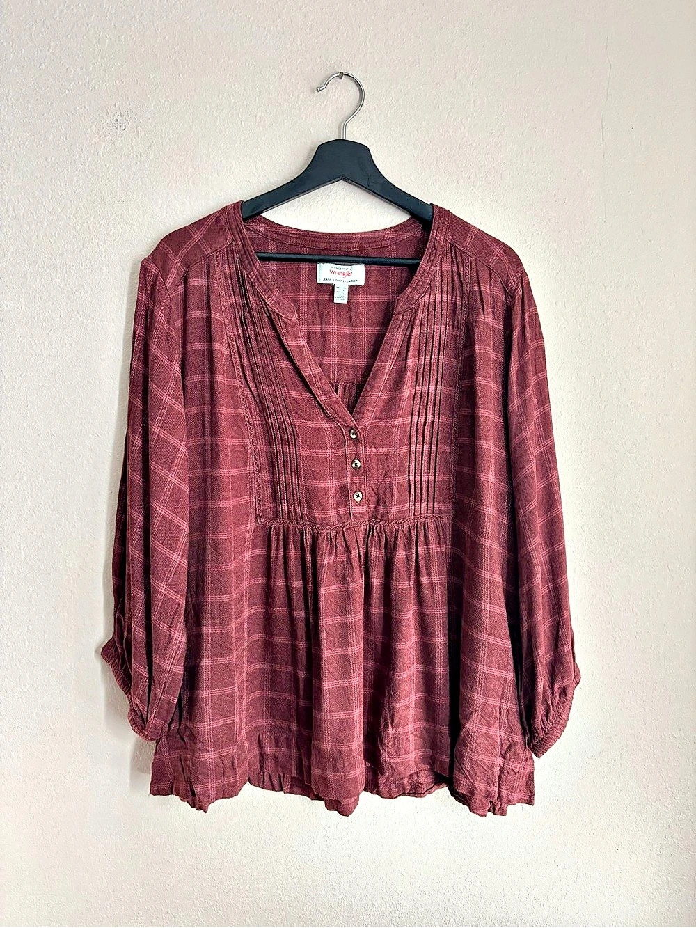 Wrangler Burgundy Plaid Button Front Blouse Size XXL